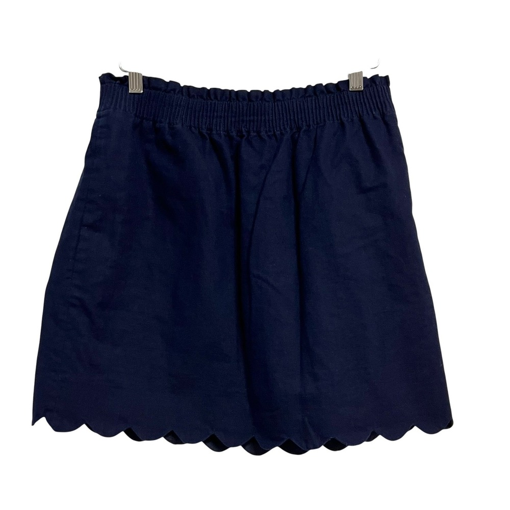 J. Crew Scalloped Mini Skirt Womens 8 Navy Blue Linen Cotton Elastic Waist